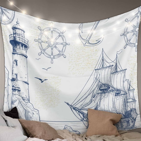 Nautical Ship Lighthouse Small Tapestry for Bedroom Wall Hanging Tapestry,Ocean Anchor Rudder Lines Art Ceiling Backdrop Tapestries Poster Blanket Wall Decor for Teens Room Living Room Dorm 23" x 28"