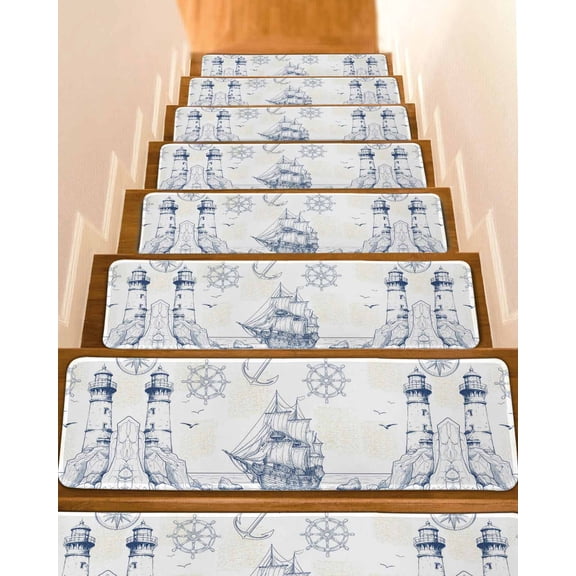 Nautical Ship Lighthouse Stair Treads for Wooden Steps Indoor Runner Rug Carpet, Ocean Anchor Rudder Lines Art 7 Pieces Peel and Stick Staircase Step Treads Covers Washable Throw Door Mats, 30"x8"