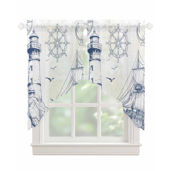 Nautical Ship Lighthouse Swag Valances for Windows, Ocean Anchor Rudder Lines Art Rod Pocket Sheer Valances for Small Windows, Swag Toppers Light Filtering for Kitchen Living Room 2 Panels 28''x36''