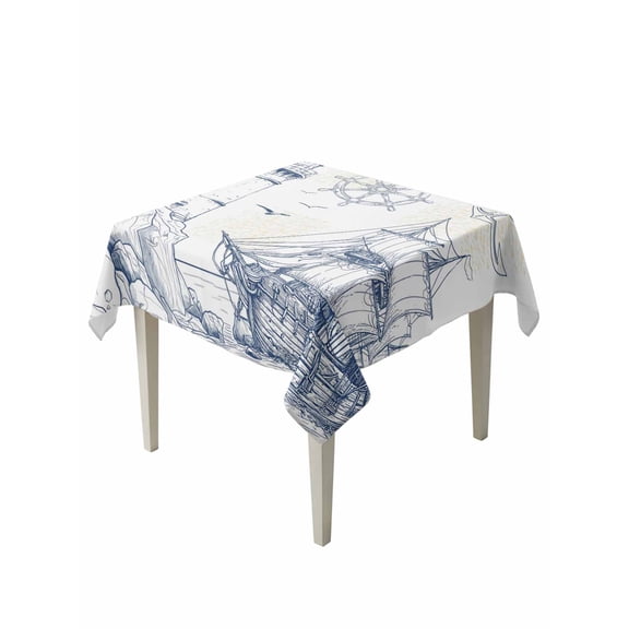 Nautical Ship Lighthouse Table Cloth, Ocean Anchor Rudder Lines Art Waterproof Tablecloth for Square Tables, Reusable Washable Fabric Table Cover for Restaurant Kitchen Dining Tables 60"x60"