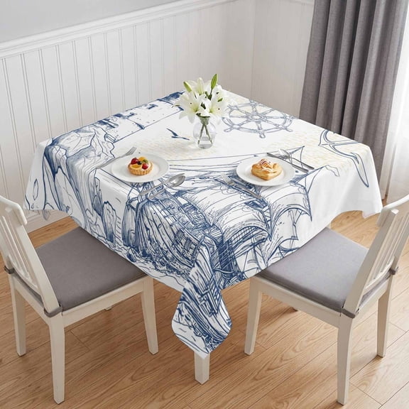 Nautical Ship Lighthouse Table Cloth Waterproof Tablecloths, Ocean Anchor Rudder Lines Art Tablecloth Dining Table Cover for Kitchen Party Tabletop Outdoor, Square Tablecloth 54x54 Inch