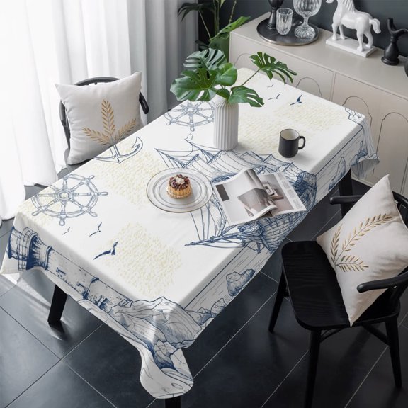 Nautical Ship Lighthouse Table Cloth Waterproof Tablecloths, Ocean Anchor Rudder Lines Art Tablecloth Dining Table Cover for Kitchen Party Tabletop Outdoor, Rectangle Tablecloth 60x120 Inch