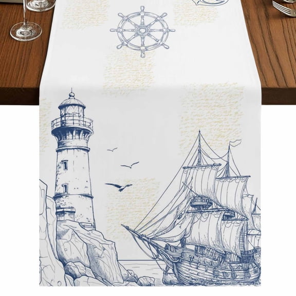 Nautical Ship Lighthouse Table Runner 72 Inches Long,Ocean Anchor Rudder Lines Art Cotton Linen Table Runners Dresser Scarves,Decorative Tabletop Scarf Furniture Cover for Home Dinner Party 13"x72"