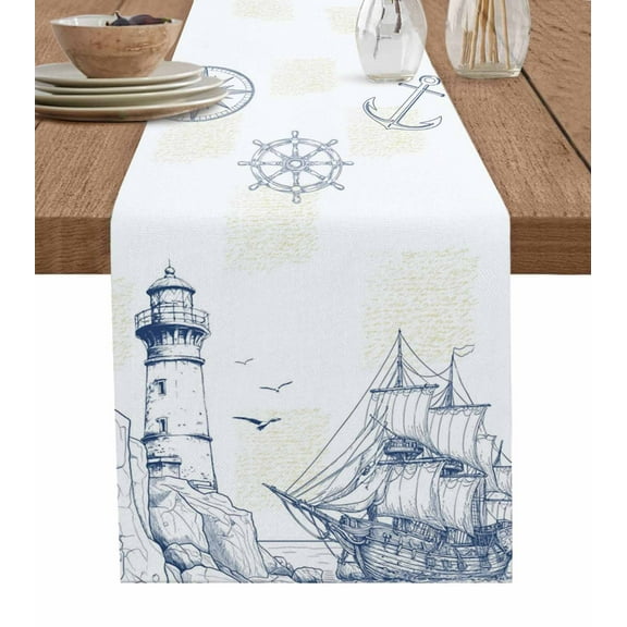 Nautical Ship Lighthouse Table Runner Ocean Anchor Rudder Lines Art Tablerunners 13 x 70 Inch, Table Decorations Tabletop Scarf for Summer Gathering Holiday Farmhouse Kitchen Dining Decor