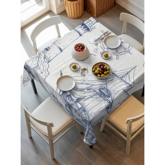 Nautical Ship Lighthouse Tablecloth Square Table Cloth 54x54, Waterproof Tablecloth Outdoor Table Cloth, Ocean Anchor Rudder Lines Art Washable Table Cover for Kitchen Dinning Party