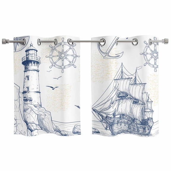 Nautical Ship Lighthouse Window Curtains Panels with Silver Grommet,Ocean Anchor Rudder Lines Art Kitchen Cafe Curtain Draperies Window Treatment Set for Living Room/Bedroom/Bathroom/Cafe,55x39
