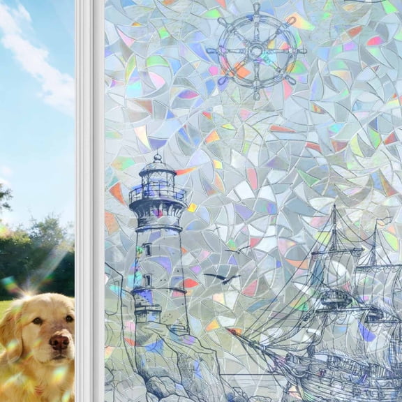 Nautical Ship Lighthouse Window Privacy Film Stain Glass,Reusable Decorative Rainbow Window Film,Ocean Anchor Rudder Lines Art Static Cling Sun Blocking Stickers Decals Covers 17.7" x 39.3" (2pcs)