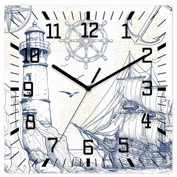Nautical Ship Lighthouse Wooden Wall Clock Silent Non Ticking, Ocean Anchor Rudder Lines Art Square Wall Clocks Battery Operated, Decor Clock for Home Office, Living Room, Kitchen, 12 Inch