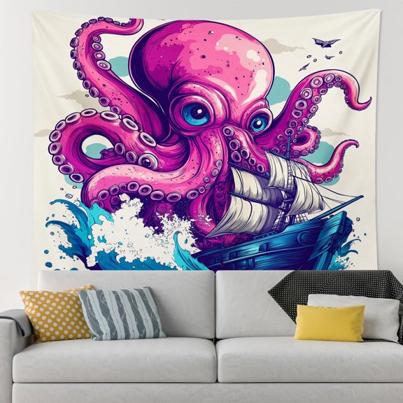Nautical Ship Octopus Wall Tapestry for Bedroom Men Women, Cartoon Ocean Krakens Tapestry Wall Hanging, Small Big Cool Fun Wall Decor for Living Room Classroom Dorm 60 * 40