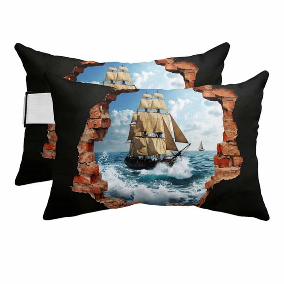 Nautical Ship Outdoor Pillows for Chaise Lounge Chair Beach Headrest Pillow Set of 2 Waterproof Lumbar Pillows with Insert&Adjustable Elastic Strap Summer Beach Coastal Sail Ocean Pool Pillow 12"x20"