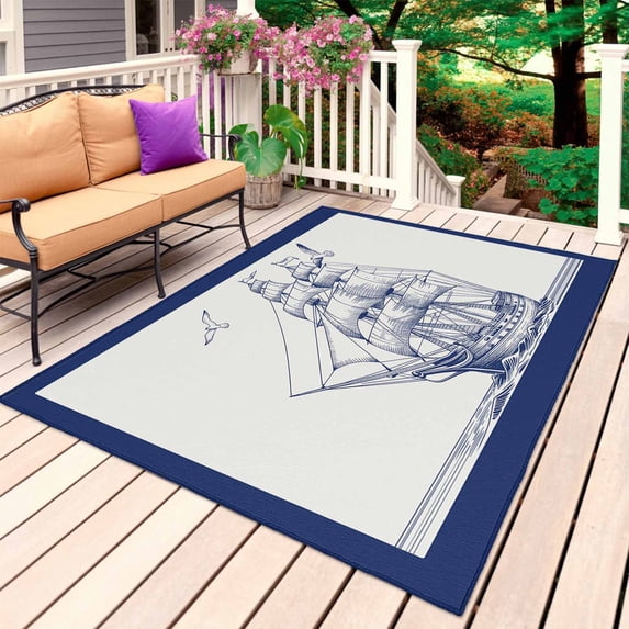 Nautical Ship Outdoor Rug 3x5 Ft, Non Slip Washable Area Rug, Blue Coastal Ocean Birds Boat Vintage Patio Rugs Carpet Runner, Large Floor Mat for Indoor/Outdoor Deck Porch Camping