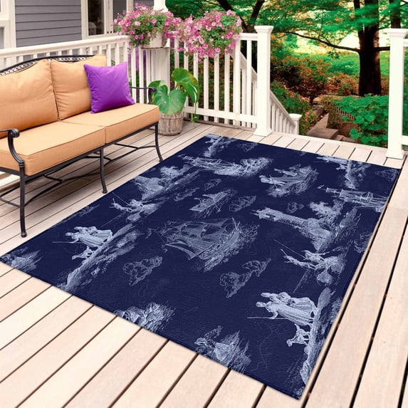 Nautical Ship Outdoor Rug 3x5 Ft, Non Slip Washable Area Rug, Blue Vintage Coastal Ocean Lighthouse Map Patio Rugs Carpet Runner, Large Floor Mat for Indoor/Outdoor Deck Porch Camping