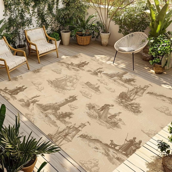 Nautical Ship Outdoor Rug for Patio/Deck/Porch, Non-Slip Large Area Rug 3 x 5 Ft, Farmhouse Retro Ocean Coastal Lighthouse Map Indoor Outdoor Rugs Washable Area Rugs, Camping Rug Carpet Runner