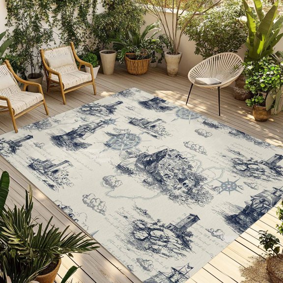 Nautical Ship Outdoor Rug for Patio/Deck/Porch, Non-Slip Large Area Rug 3 x 5 Ft, Retro Coastal Ocean Lighthouse Mountain Map Indoor Outdoor Rugs Washable Area Rugs, Camping Rug Carpet Runner