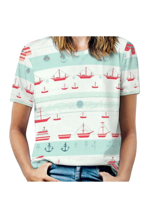 Nautical Ship Pattern T Shirts Basic T-Shirt Short Sleeve Ladies Tee Shirt Summer Graphic Clothing