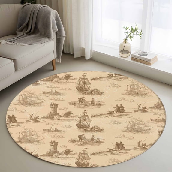Nautical Ship Round Area Rug 4Ft Washable Circle Rugs for Bedroom Dining Room, Farmhouse Retro Ocean Coastal Lighthouse Map Non-Slip Carpet Floor Mats Indoor Outdoor Carpet Runner Home Decor