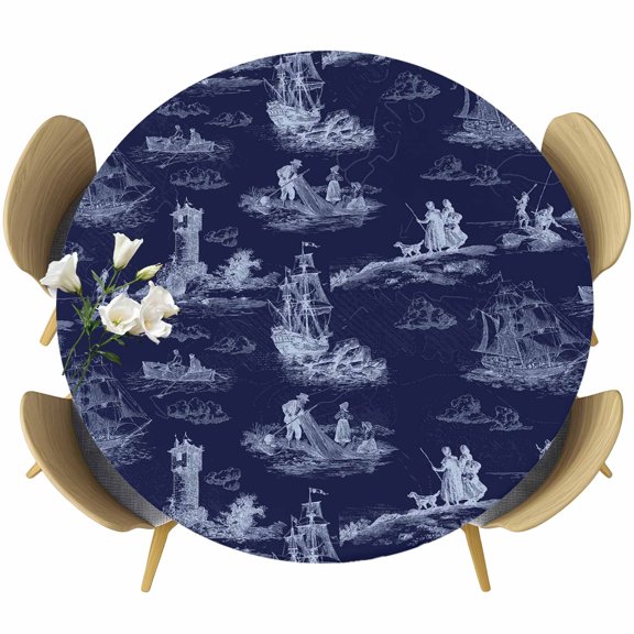Nautical Ship Round Tablecloth 36-44 Inch Round Fitted Table Cloth with Elastic Edge, Blue Vintage Coastal Ocean Lighthouse Map Waterproof Table Cover Protector for Outdoor Picnic Party Dining