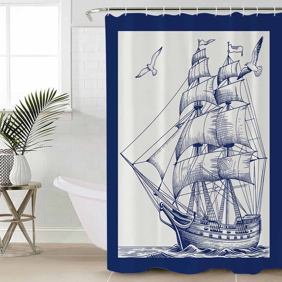 Nautical Ship Shower Curtain Set, Waterproof Shower Curtains for Bathroom, Blue Coastal Ocean Birds Boat Vintage Washable Fabric Cloth Bath Curtain for Bathtub Decoration with Hooks 54x78 Inches