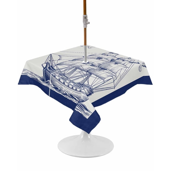 Nautical Ship Square Outdoor Tablecloth, Waterproof Table Cloth Cover with Umbrella Hole and Zipper, Blue Coastal Ocean Birds Boat Vintage Table Protector for Patio Party Picnic 54"x54"