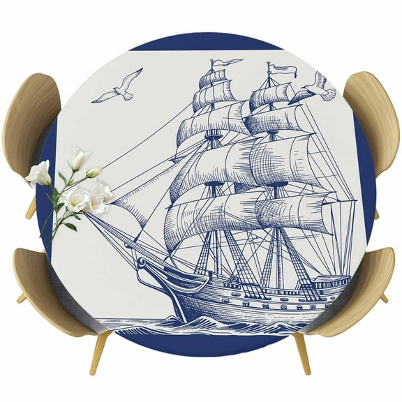 Nautical Ship Table Cloth, Round Fitted Tablecloths with Elastic Edge, Blue Coastal Ocean Birds Boat Vintage Wipeable Waterproof Table Cover for Kitchen Wedding 45-54 Inches
