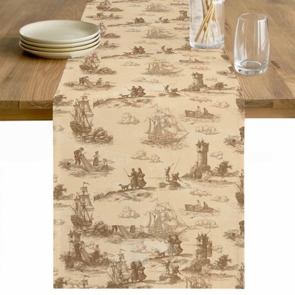 Nautical Ship Table Runner - 36 Inch Long Farmhouse Retro Ocean Coastal Lighthouse Map Cotton and Linen Blended Dress Scarves Farmhouse Table Runner for Kitchen Dining, Coffee Table, 13" x 36"