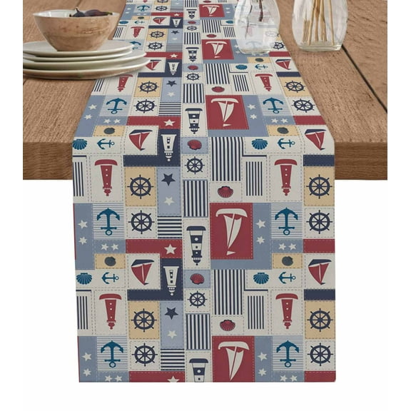 Nautical Ship Table Runner 36 Inches, Ocean Sailboat Lighthouse Anchor Rudder Bed Runner Dresser Scarves Tabletop for Indoor Outdoor Parties/Ceremony/Banquet, 13"x 36"