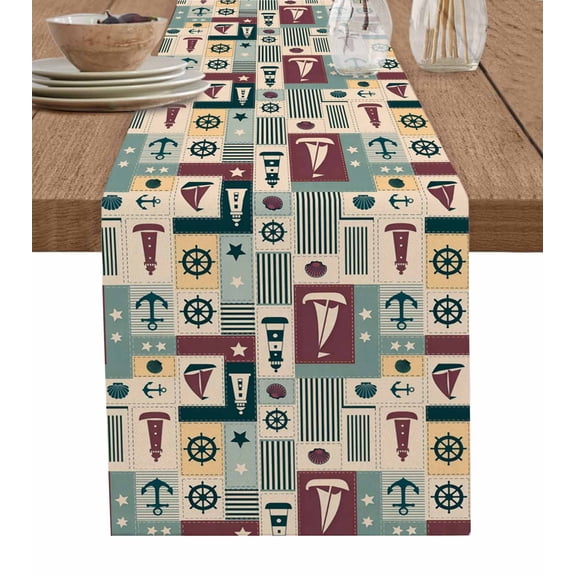Nautical Ship Table Runner 48 Inches, Ocean Coastal Sailboat Lighthouse Anchor Bed Runner Dresser Scarves Tabletop for Indoor Outdoor Parties/Ceremony/Banquet, 13" x 48"