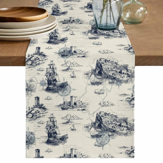 Nautical Ship Table Runner 72 Inches, Retro Coastal Ocean Lighthouse Mountain Map Bed Runner Dresser Scarves Tabletop for Indoor Outdoor Parties/Ceremony/Banquet, 16" x 72"