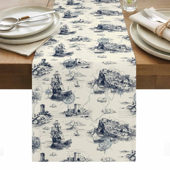 Nautical Ship Table Runner Retro Coastal Ocean Lighthouse Mountain Map Tablerunners 13 x 36 Inch, Table Decorations Tabletop Scarf for Summer Gathering Holiday Farmhouse Kitchen Dining Decor