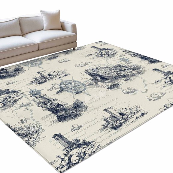 Nautical Ship Washable Rug 5x8 Area Rug for Living Room Bedroom Non Slip Indoor Floor Rectangle Carpet Large Retro Coastal Ocean Lighthouse Mountain Map Entryway Rugs for Dining Room Office Home