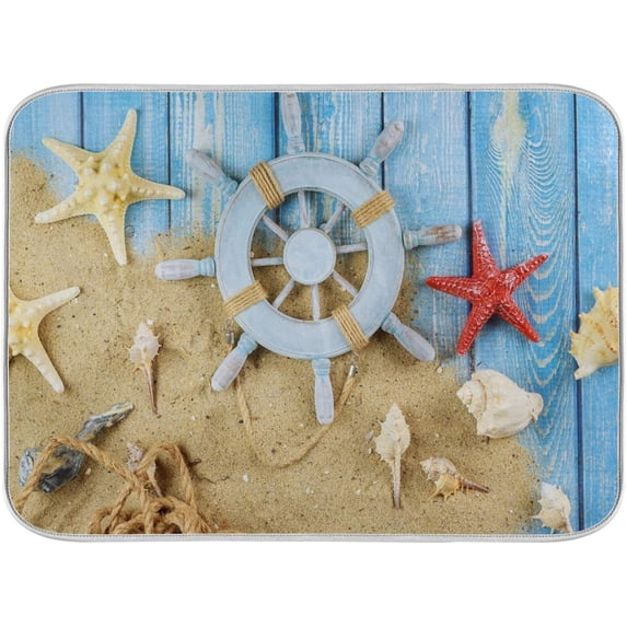 Nautical Ship Wheel Dish Drying Mat Starfish Seashells Dry Pad Bottle Dryer Rack Kitchen Decor absorbent Easy Clean Drainer Mats for Kitchen Counter Sinks 18"x24"