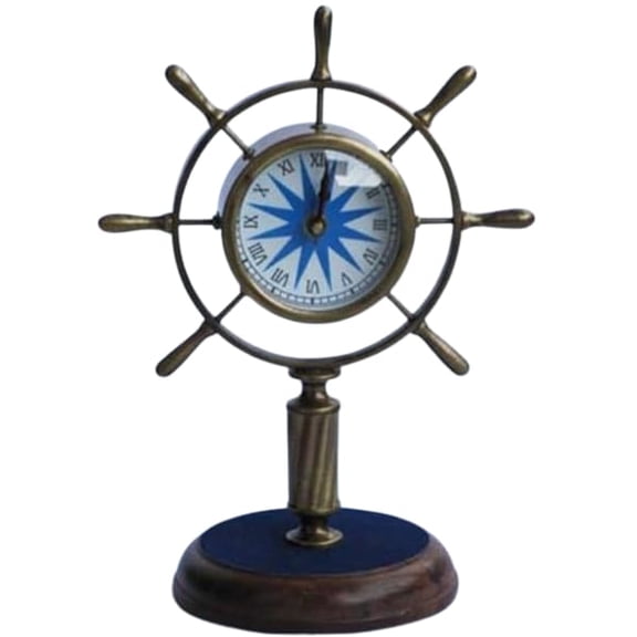 Nautical Ship Wheel Table Clock with Compass Design  Vintage Brass Marine Desk Clock, Antique Style Nautical Decor for Home, Office