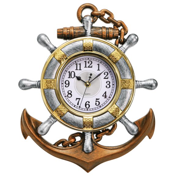 Nautical Ship Wheel Wall Clock 12x15 Inches Plastic Decorative Clock for Kitchen Bathroom Beach Home