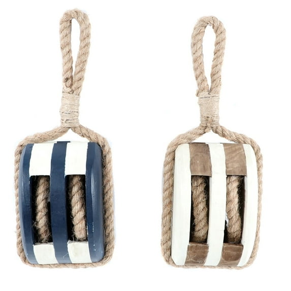 Nautical Ships Pulley Wood with Rope Hangers Blue and White Set of 2