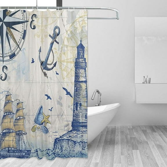 Nautical Shower Curtain, 3D Ocean Sailboat Lighthouse Anchor Shower Curtain Decorative, with 12 Hooks Waterproof Washable 72x72 in