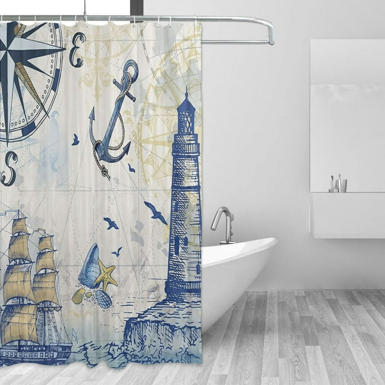 Nautical Shower Curtain, 3D Ocean Sailboat Lighthouse Anchor Shower Curtain  Decorative, with 12 Hooks Waterproof Washable 72x72 in