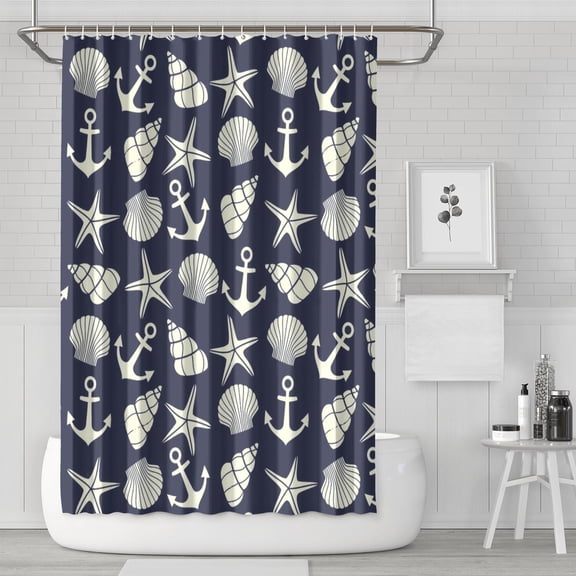 Nautical Shower Curtain with Anchor, Boat, Lighthouse, and Compass Print, Coastal Marine Ocean Waves and Seaside Map Pattern, Tropical Beach Summer Design Waterproof Fabric with Hooks
