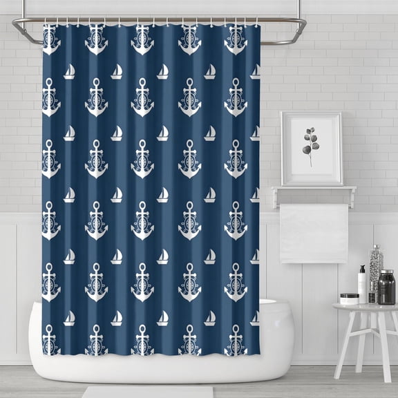 Nautical Shower Curtain with Anchor, Boat, Lighthouse, and Compass Print, Coastal Marine Ocean Waves and Seaside Map Pattern, Tropical Beach Summer Design Waterproof Fabric with Hooks