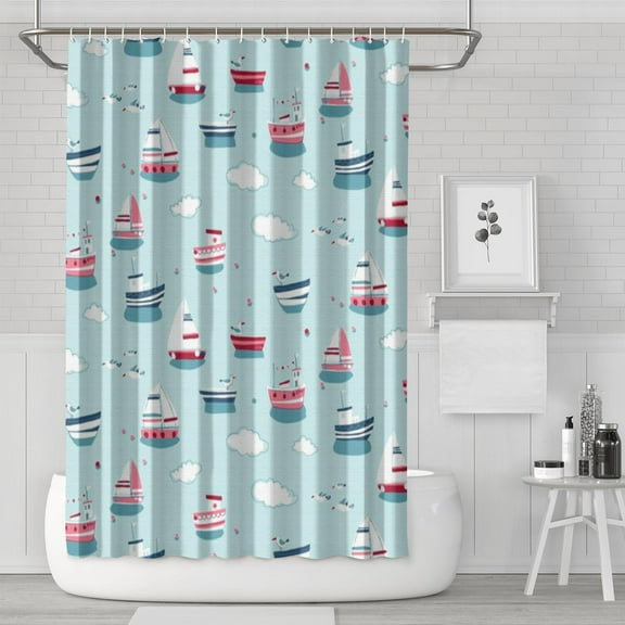 Nautical Shower Curtain with Anchor, Boat, Lighthouse, and Compass Print, Coastal Marine Ocean Waves and Seaside Map Pattern, Tropical Beach Summer Design Waterproof Fabric with Hooks