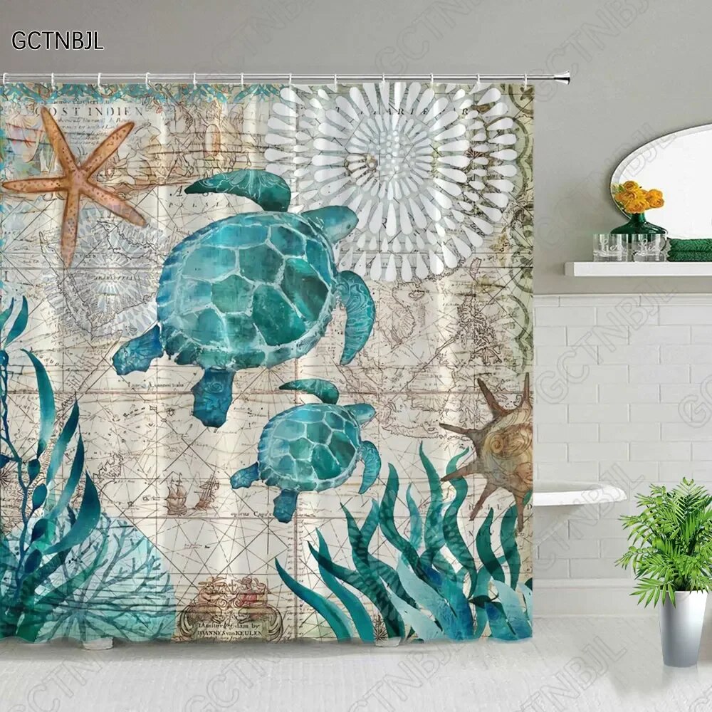 Nautical Shower Curtain Anchor StarLighthouse Rudder Lifebuoy Shell