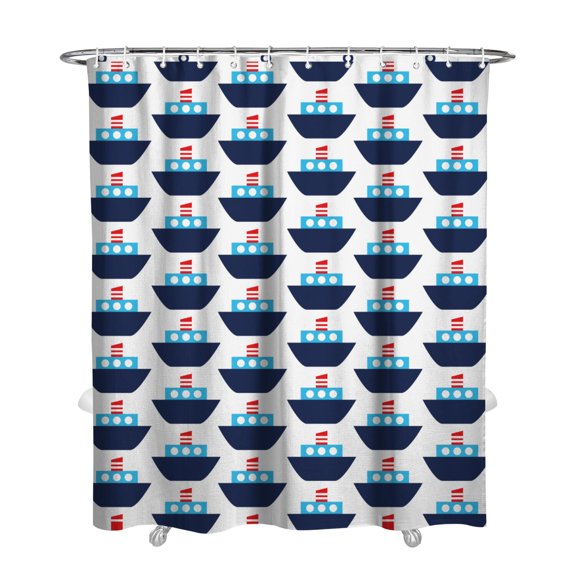Nautical Shower Curtain for Bathroom, Anchor, Boat, Lighthouse and Ocean Waves Print, Coastal Marine Seaside Theme with Map, Compass, Coral and Sailing Design, Waterproof 72x84