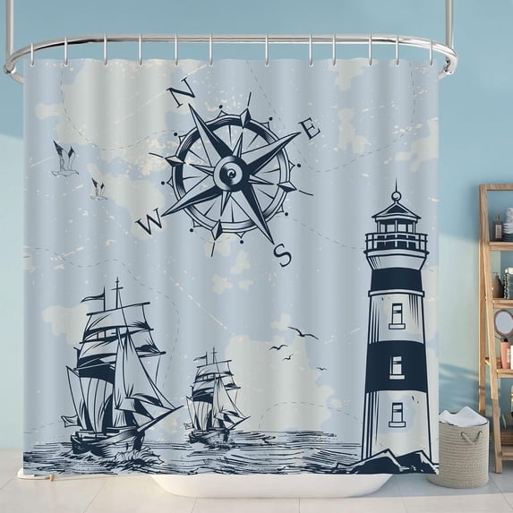 Nautical Shower Curtain for Bathroom Ocean Sailboat Lighthouse Compass Decorative Bath Curtain Polyester Fabric Waterproof Bathroom Curtain with 12 Hooks, 72''''x 72''''