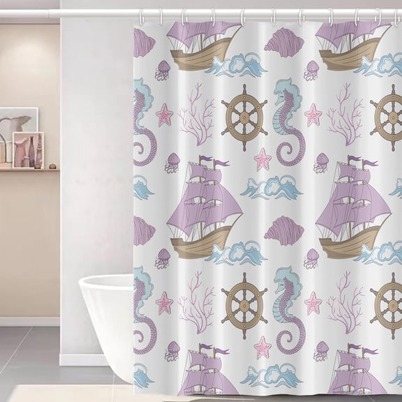 Nautical Shower Curtain for Bathroom Pink Sailboat Sea Snail Fabric Shower Curtain Set Coral Ship Rudder Waterproof Shower Curtain 84x72inches with Hooks