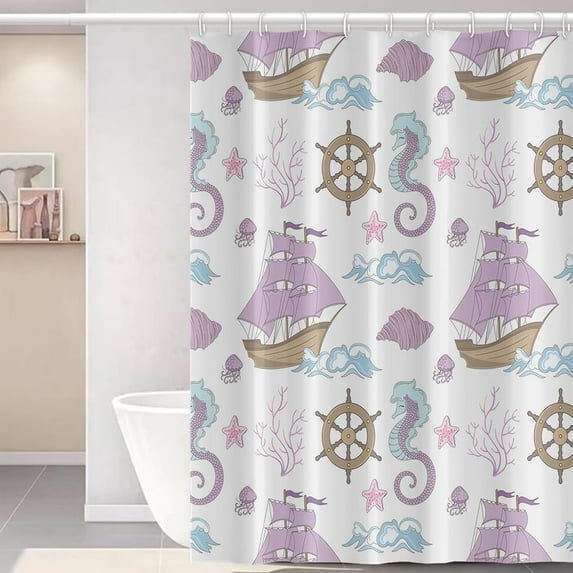 Nautical Shower Curtain for Bathroom Pink Sailboat Sea Snail Fabric Shower Curtain Set Coral Ship Rudder Waterproof Shower Curtain 84x72inches with Hooks