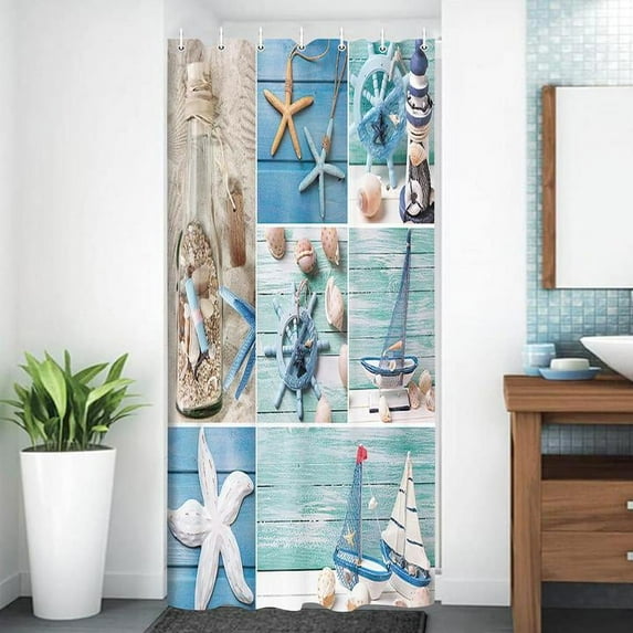 Nautical Shower Curtain, Beach Shower Curtains, Blue Ocean Shower Curtains, Coastal Anchor Starfish Seashell Bathroom Curtain 72x72 inch with Hooks