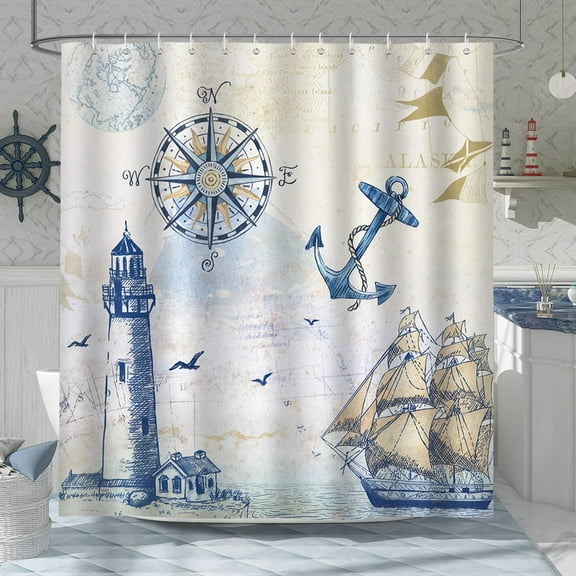 Nautical Shower Curtain, Coastal Lighthouse Compass Anchor Sailboat Bathroom Decor 72 x 72 Inch Polyester Fabric Waterproof Bathroom Curtain with 12 Hooks