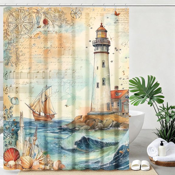 Nautical Shower Curtain Coastal Lighthouse Shower Curtains for Bathroom Waterproof Fabric Bath Curtain Decor with Hooks