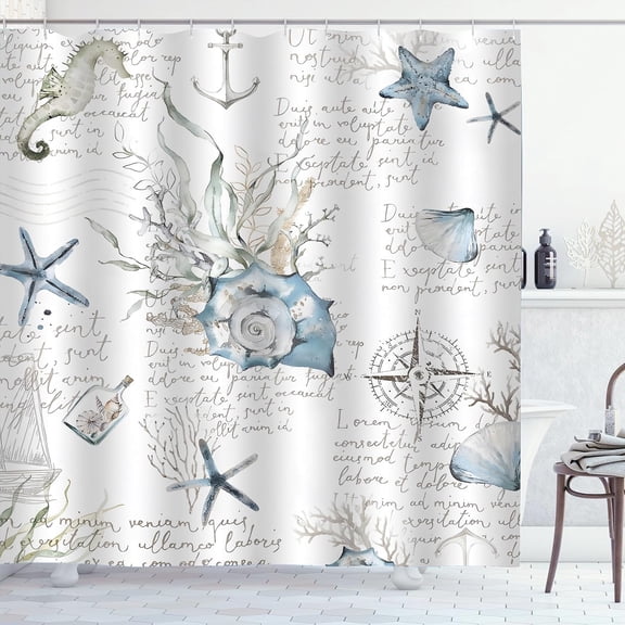 Nautical Shower Curtain Coastal Ocean Theme Sea Life Seahorse Starfish Shells Script Pattern Fabric Bathroom Decor 71x71 inches