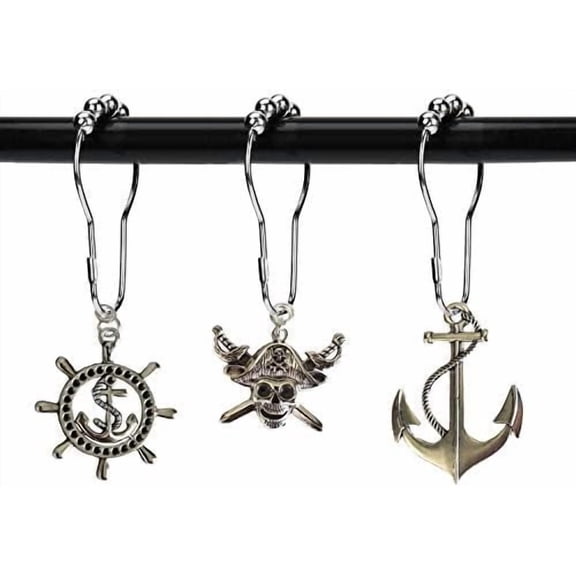Nautical Shower Curtain Hooks (Silver Metal) - Pirate Skull/Anchor/Rudder Design, Tropical Ocean Beach Theme Bathroom Decor & Accessories | Home Decor, Kitchen, & Other
