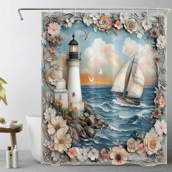Nautical Shower Curtain Lighthouse Sailing Boat Blue Ocean Wave Vintage Flower Summer Shower Curtains for Bathroom Waterproof Washable Polyester Fabric with Hooks-72"W x 72"L (Pack of 1)